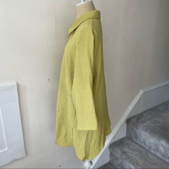 Toofan Lagenlook Pale Yellow Textured Asymmetric Hem Button Down Tunic Top EUC M - Picture 2 of 8